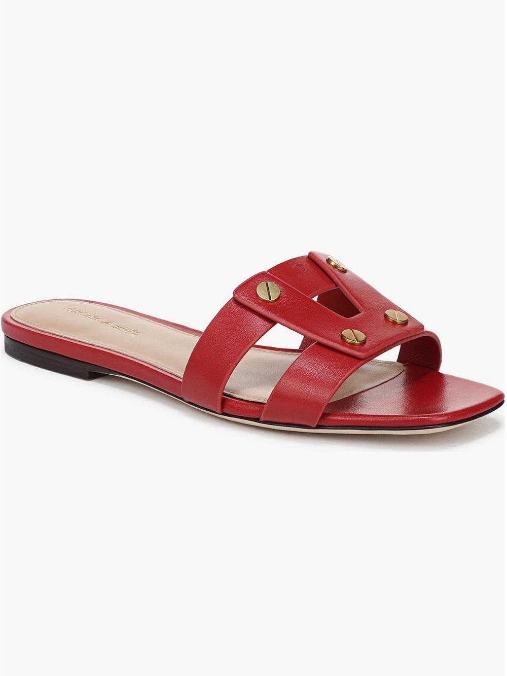 Veronica Beard Vis Red Leather Slide Sandal with Gold-Tone Studs 7,5